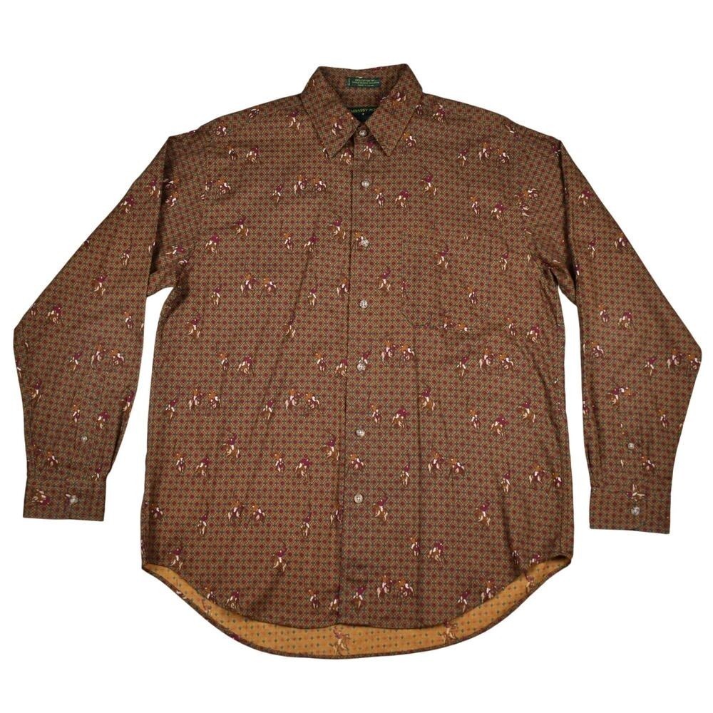 Vintage Polo Shirt Men M Brown Maroon Cotton Twill Long Sleeve Button Up Novelty